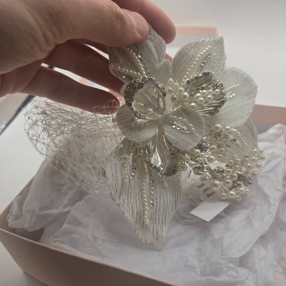 Davids Bridal Floral Headpiece with Pearls and Crystals Hair Clip Formal Prom - Picture 7 of 11